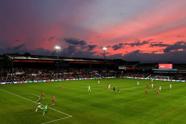 LUTON, ENGLAND - SEPTEMBER 01: A general view inside the stadium as the sun sets during the Premier League match between Luton Town and West Ham United at Kenilworth Road on September 01, 2023 in Luton, England. (Photo by David Rogers/Getty Images)