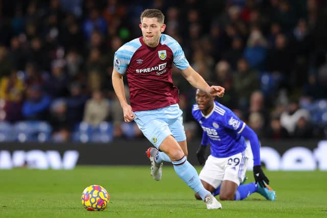 BURNLEY, ENGLAND - MARCH 01:  James Tarkowski of Burnley during the Premier League match between Burnley and Leicester City at Turf Moor on March 01, 2022 in Burnley, England.