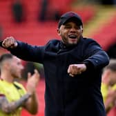 SHEFFIELD, ENGLAND - APRIL 20: Vincent Kompany, Manager of Burnley, celebrates following the team's victory in the Premier League match between Sheffield United and Burnley FC at Bramall Lane on April 20, 2024 in Sheffield, England. (Photo by Stu Forster/Getty Images)