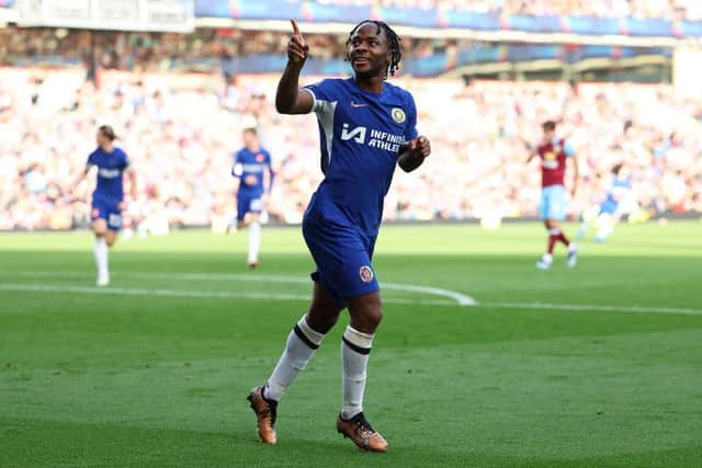 BURNLEY, ENGLAND - OCTOBER 07: Raheem Sterling of Chelsea celebrates after scoring the team's third goal during the Premier League match between Burnley FC and Chelsea FC at Turf Moor on October 07, 2023 in Burnley, England. (Photo by Matt McNulty/Getty Images)