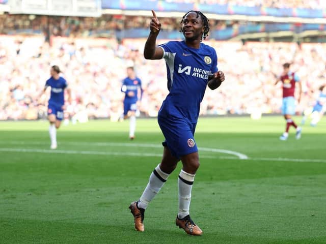 BURNLEY, ENGLAND - OCTOBER 07: Raheem Sterling of Chelsea celebrates after scoring the team's third goal during the Premier League match between Burnley FC and Chelsea FC at Turf Moor on October 07, 2023 in Burnley, England. (Photo by Matt McNulty/Getty Images)