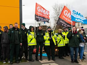 Striking ambulance drivers outside Burnley Ambulance Station. Photo: Kelvin Stuttard