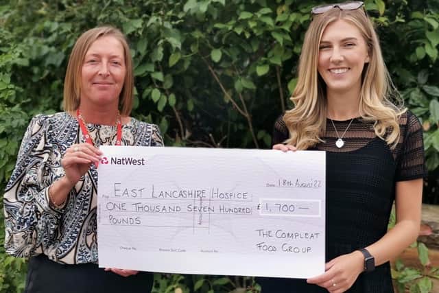 Jackie Morris, who received the cheque from Laura Chadwick on behalf of the East Lancashire Hospice thanked The Compleat Food Group for their generosity.