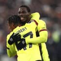 LONDON, ENGLAND - MARCH 10: Datro Fofana of Burnley celebrates scoring his team's first goal with teammate Wilson Odobert during the Premier League match between West Ham United and Burnley FC at the London Stadium on March 10, 2024 in London, England. (Photo by Julian Finney/Getty Images)