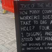 A jokey message written outside Burnley's Royal Dyche pub in protest at the delays in the Town 2 Turf project