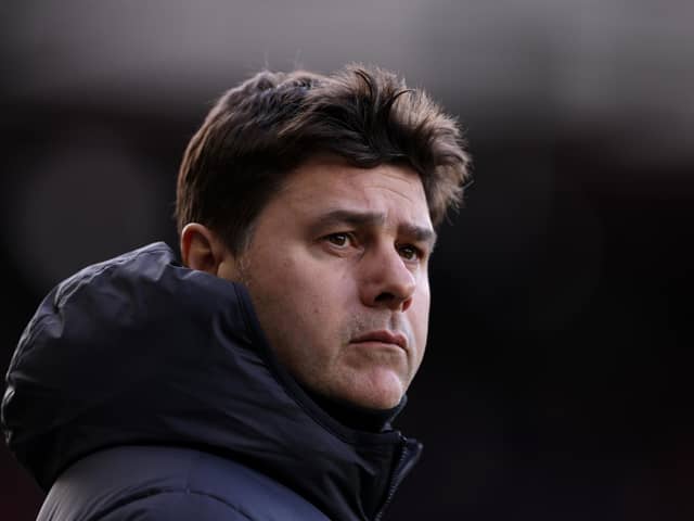BRENTFORD, ENGLAND - MARCH 02: Mauricio Pochettino, Manager of Chelsea, looks on during the Premier League match between Brentford FC and Chelsea FC at Brentford Community Stadium on March 02, 2024 in Brentford, England. (Photo by Richard Heathcote/Getty Images)