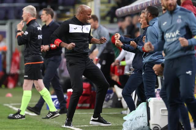 Anderlecht's head coach Vincent Kompany celebrates after winning a soccer match between RSC Anderlecht and RAFC Antwerp, Thursday 12 May 2022 in Antwerp, on day 4 of the Champions' play-offs of the 2021-2022 'Jupiler Pro League' first division of the Belgian championship. BELGA PHOTO VIRGINIE LEFOUR (Photo by VIRGINIE LEFOUR / BELGA MAG / Belga via AFP) (Photo by VIRGINIE LEFOUR/BELGA MAG/AFP via Getty Images)
