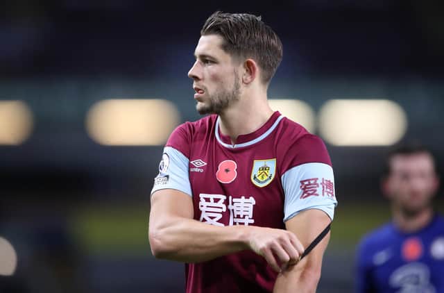 BURNLEY, ENGLAND - OCTOBER 31: James Tarkowski of Burnley looks on following the Premier League match between Burnley and Chelsea at Turf Moor on October 31, 2020 in Burnley, England.