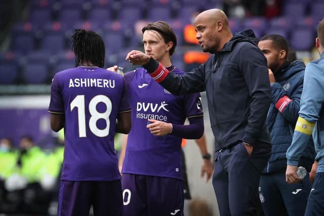 Anderlecht's Majeed Ashimeru and Anderlecht's head coach Vincent Kompany pictured during a soccer match between RSC Anderlecht and KV Kortrijk, Sunday 21 November 2021 in Brussels, on day 15 of the 2021-2022 'Jupiler Pro League' first division of the Belgian championship. BELGA PHOTO VIRGINIE LEFOUR (Photo by VIRGINIE LEFOUR/BELGA MAG/AFP via Getty Images)