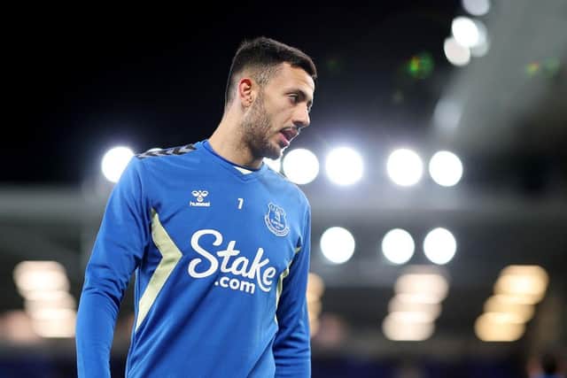 LIVERPOOL, ENGLAND - NOVEMBER 01: Dwight McNeil of Everton warms up prior to the Carabao Cup Fourth Round match between Everton and Burnley at Goodison Park on November 01, 2023 in Liverpool, England. (Photo by Alex Livesey/Getty Images)