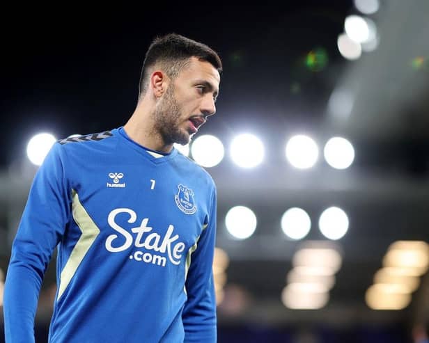 LIVERPOOL, ENGLAND - NOVEMBER 01: Dwight McNeil of Everton warms up prior to the Carabao Cup Fourth Round match between Everton and Burnley at Goodison Park on November 01, 2023 in Liverpool, England. (Photo by Alex Livesey/Getty Images)