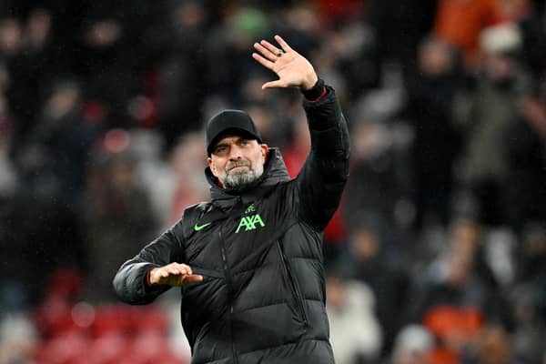 LIVERPOOL, ENGLAND - DECEMBER 20: Juergen Klopp, Manager of Liverpool, acknowledges the fans following the team's victory during the Carabao Cup Quarter Final match between Liverpool and West Ham United at Anfield on December 20, 2023 in Liverpool, England. (Photo by Michael Regan/Getty Images)