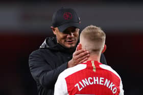 LONDON, ENGLAND - NOVEMBER 11: Vincent Kompany, Manager of Burnley, and Oleksandr Zinchenko of Arsenal interact following  the Premier League match between Arsenal FC and Burnley FC at Emirates Stadium on November 11, 2023 in London, United Kingdom. (Photo by Marc Atkins/Getty Images)