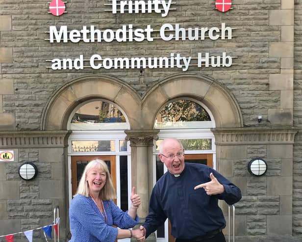 Carol Baird is welcomed to her new role as hub manager by the  Rev. Ian Humphries - Trinity Methodist Minister and Circuit Superintendent.