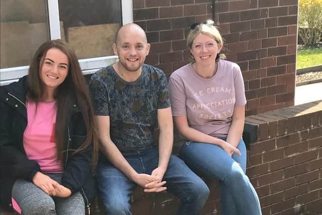 Hayley Basterfield (left) with brother in law Lee Lewis, who she donated 70 per cent of her liver to, and his wife Zoe, who is Hayley's sister
