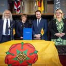 [From left] Blackburn with Darwen Council leader Phil Riley, Lancashire County Council leader Phillippa Williamson, Levelling Up Minister Jacob Young and Blackpool Council leader Lynn Williams after the devolution deal was signed at Lancaster Castle (image: Martin Bostock Photography)