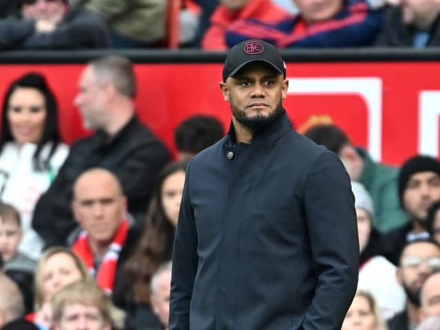 MANCHESTER, ENGLAND - APRIL 27: Vincent Kompany, Manager of Burnley, looks on during the Premier League match between Manchester United and Burnley FC at Old Trafford on April 27, 2024 in Manchester, England. (Photo by Michael Regan/Getty Images)