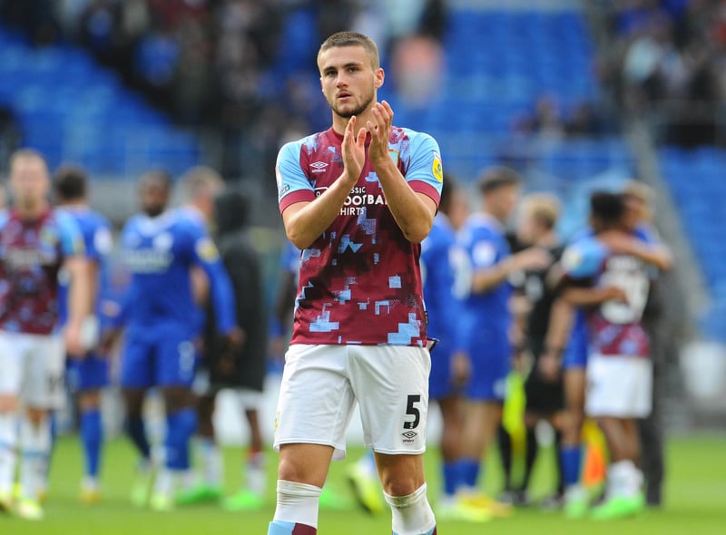 Burnley's Taylor Harwood-Bellis  applauds the fans at the final whistle 

Skybet Championship - Cardiff City v Burnley - Saturday 1st October 2022 - Cardiff City Stadium - Cardiff