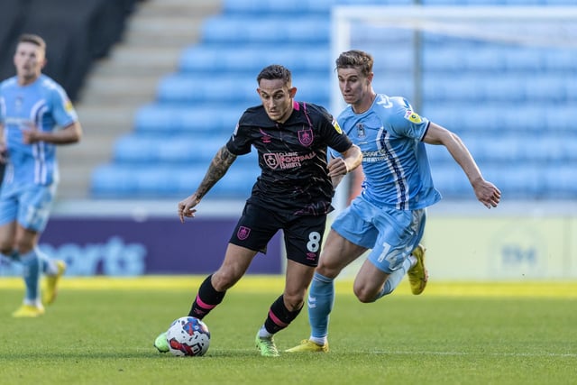 Burnley's Josh Brownhill breaks away from Coventry City's Ben Sheaf (right) 

The EFL Sky Bet Championship  - Coventry City v Burnley- Saturday 8th October 2022 - Coventry Building Society Arena - Coventry