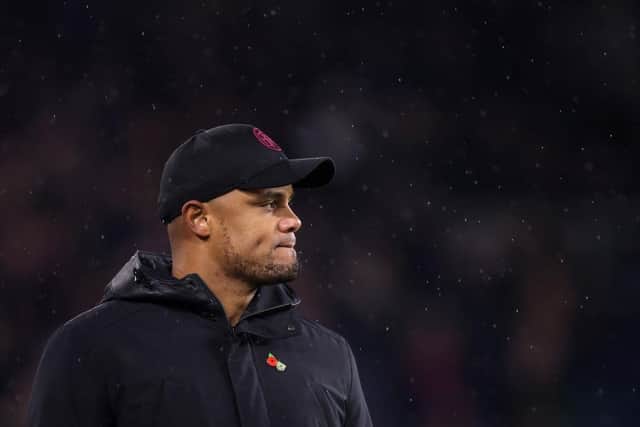 BURNLEY, ENGLAND - NOVEMBER 04: Vincent Kompany, Manager of Burnley, looks on during the Premier League match between Burnley FC and Crystal Palace at Turf Moor on November 04, 2023 in Burnley, England. (Photo by George Wood/Getty Images)