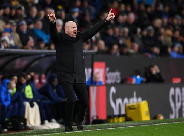BURNLEY, ENGLAND - FEBRUARY 23: Sean Dyche, Manager of Burnley reacts during the Premier League match between Burnley and Tottenham Hotspur at Turf Moor on February 23, 2022 in Burnley, England.
