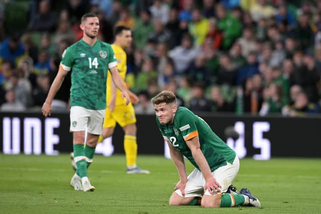 DUBLIN, IRELAND - JUNE 08: Nathan Collins of Republic of Ireland reacts during the UEFA Nations League League B Group 1 match between Republic of Ireland and Ukraine at Aviva Stadium on June 08, 2022 in Dublin, Ireland. (Photo by Charles McQuillan/Getty Images)