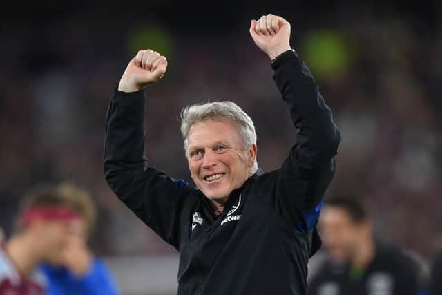 LONDON, ENGLAND - MARCH 17: David Moyes, Manager of West Ham United celebrates after their sides victory during the UEFA Europa League Round of 16 Leg Two match between West Ham United and Sevilla FC at Olympic Stadium on March 17, 2022 in London, England. (Photo by Justin Setterfield/Getty Images)