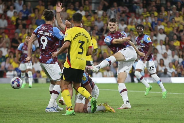Burnley's Luke McNally with a shot late in the game

The EFL Sky Bet Championship - Watford v Burnley - Friday 12th August 2022 - Vicarage Road - Watford