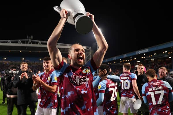 BLACKBURN, ENGLAND - APRIL 25: Jay Rodriguez of Burnley celebrates towards the fans after winning the Sky Bet Championship following victory against the Blackburn Rovers and Burnley at Ewood Park on April 25, 2023 in Blackburn, England. (Photo by Matt McNulty/Getty Images)
