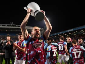 BLACKBURN, ENGLAND - APRIL 25: Jay Rodriguez of Burnley celebrates towards the fans after winning the Sky Bet Championship following victory against the Blackburn Rovers and Burnley at Ewood Park on April 25, 2023 in Blackburn, England. (Photo by Matt McNulty/Getty Images)