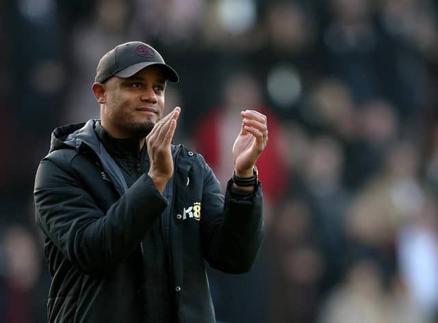 BURNLEY, ENGLAND - NOVEMBER 13: Vincent Kompany, Manager of Burnley acknowledges the fans following their sides victory in the Sky Bet Championship between Burnley and Blackburn Rovers at Turf Moor on November 13, 2022 in Burnley, England. (Photo by Nathan Stirk/Getty Images)
