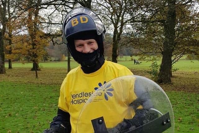 PC Paul Marsden in his riot gear ready for the Burnley 10k in aid of Pendleside Hospice