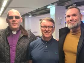 Chris Difford, the lead singer of Squeeze (centre) with Pastor Mick Fleming (left) and support worker Kev Whittaker backstage after a gig that Chris invited them too in Manchester. The singer is now coming to Burnley tomorrow (Wednesday, December 14th) to perform at Church on the Street
