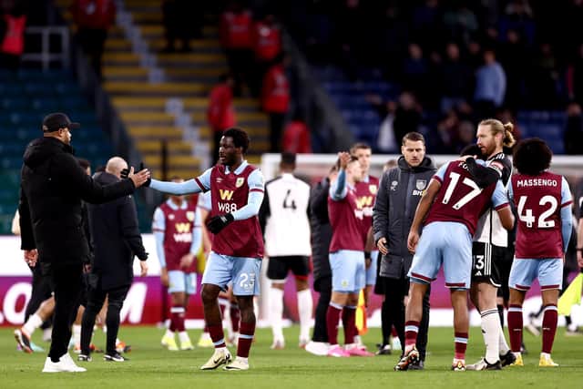 BURNLEY, ENGLAND - FEBRUARY 03: David Datro Fofana of Burnley celebrates with Vincent Kompany following the team's victory during the Premier League match between Burnley FC and Fulham FC at Turf Moor on February 03, 2024 in Burnley, England. (Photo by Naomi Baker/Getty Images)