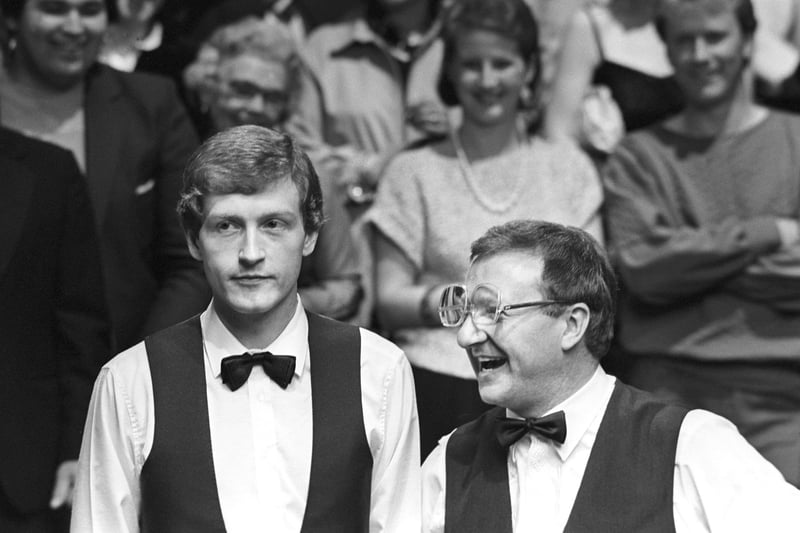 Dennis Taylor (right) in his trademark 'upside-down' glasses, and Steve Davis at the end of the World Snooker Championship final at the Crucible on April 29, 1985 . Davis was the defending champion and three-time winner but Taylor snatched victory with the final ball of the match.