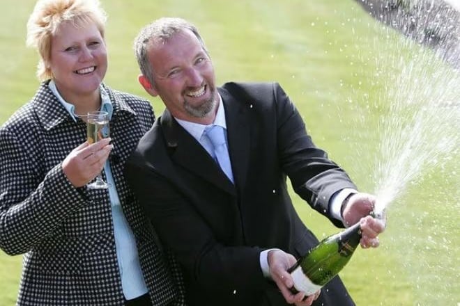 Milkman Colin Bradley, of Preesall, with wife Pauline after scooping £1.4m on the lottery in August 2005