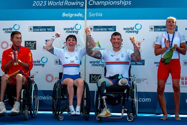 Lauren Rowles and Gregg Stevenson won the gold medal in a thrilling PR2 mixed double sculls final at the World Championships in Belgrade