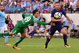 NASHVILLE, TN - JULY 29:  Goaltender Aro Muric #49 of Manchester City makes a save against Vincent Janssen #9 of Tottenham during the second half of the 2017 International Champions Cup Presented by Heineken at Nissan Stadium on July 29, 2017 in Nashville, Tennessee.  (Photo by Frederick Breedon/Getty Images)