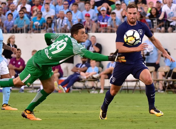 NASHVILLE, TN - JULY 29:  Goaltender Aro Muric #49 of Manchester City makes a save against Vincent Janssen #9 of Tottenham during the second half of the 2017 International Champions Cup Presented by Heineken at Nissan Stadium on July 29, 2017 in Nashville, Tennessee.  (Photo by Frederick Breedon/Getty Images)
