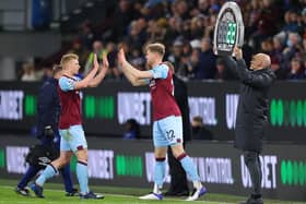 BURNLEY, ENGLAND - MARCH 01: Nathan Collins replaces Ben Mee of Burnley during the Premier League match between Burnley and Leicester City at Turf Moor on March 01, 2022 in Burnley, England. (Photo by Alex Livesey/Getty Images)