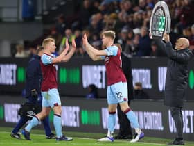 BURNLEY, ENGLAND - MARCH 01: Nathan Collins replaces Ben Mee of Burnley during the Premier League match between Burnley and Leicester City at Turf Moor on March 01, 2022 in Burnley, England. (Photo by Alex Livesey/Getty Images)