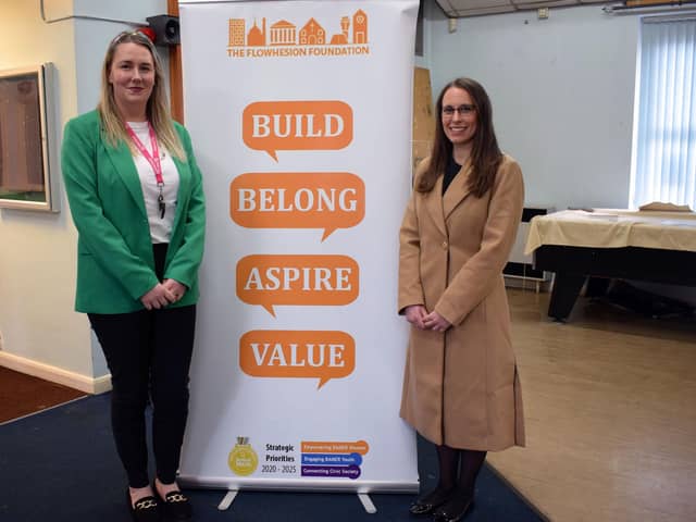 Amy Bateman and Katie Broome, Marsden Building Society, visit Flowhesion Foundation in Burnley