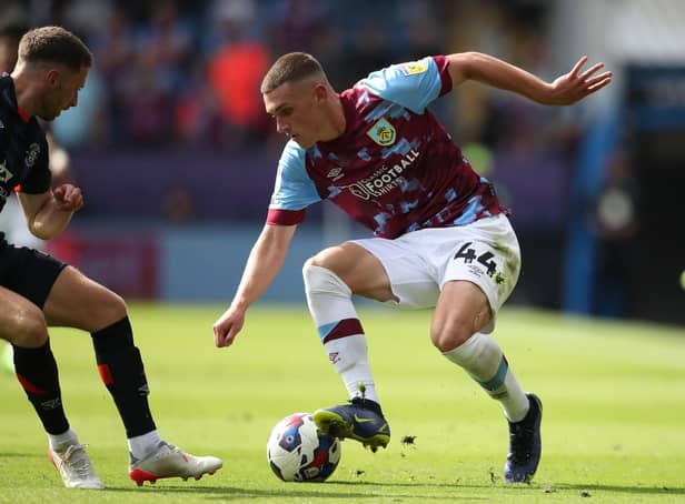 BURNLEY, ENGLAND - AUGUST 06: Dara Costelloe of Burnley FC in action during the Sky Bet Championship match between Burnley and Luton Town at Turf Moor on August 06, 2022 in Burnley, England. (Photo by Ashley Allen/Getty Images)