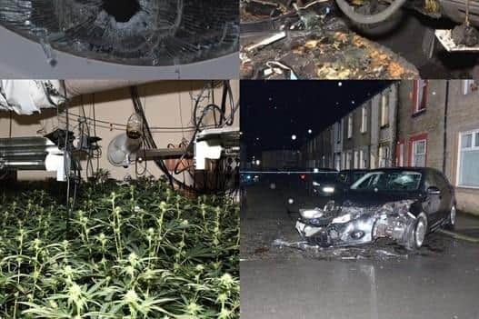 Police pictures show bullet holes in car windshields, a car set alight in an attempt to destroy evidence, the Salus Street cannabis farm and cars rammed by rival gang members