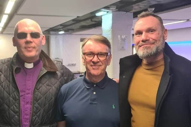 Chris Difford, the lead singer of Squeeze (centre) with Pastor Mick Fleming (left) and support worker Kev Whittaker backstage after a gig that Chris invited them too in Manchester. The singer is now coming to Burnley for a second time next month to play a full concert