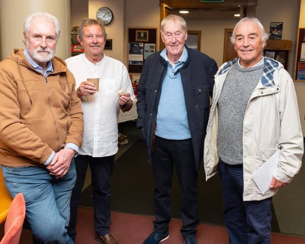 Former Burnley player Paul Fletcher, author Dave Thomas, former chairman Barry Kilby and former Manager Stan Ternent at the opening of the BFC & Me Exhibit at Burnley Library.