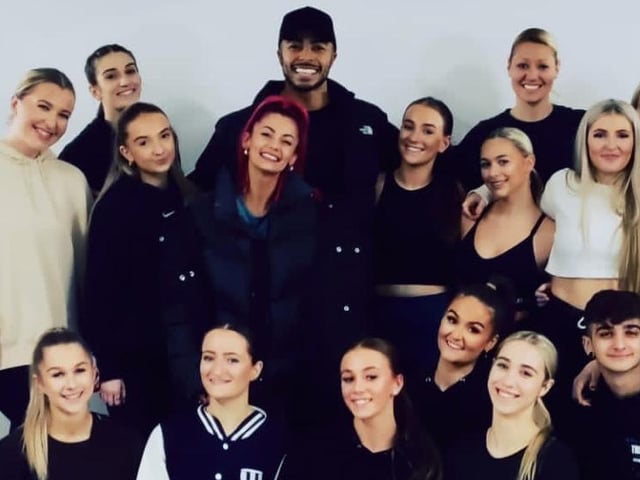 Strictly stars Dianne and Tyler at Centre Stage Academy with some local dance students. Credit: Nicky Figgins