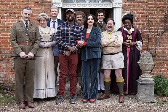 The cast of Ghosts series five. From left, The Captain (Ben Willbond), Lady Button (Martha Howe-Douglas), Julian (Simon Farnaby), Mike (Kiell Smith-Bynoe), Robin (Laurence Rickard), Alison (Charlotte Ritchie), Thomas Thorne (Mat Baynton), Pat (Jim Howick) and Kitty (Lolly Adefope) (Picture: BBC/Monumental Pictures/Guido Mandozzi)