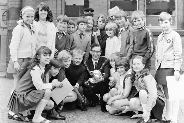 The Mayor (centre front) holds the junior section trophy which young cyclists at the school have won six times in succession. Almost hidden at the back of this successful group of pupils, is Alderman Gallagher. Heasandford award winners: Julie E. Holt, Jacqueline Lancaster, Beverley Ann Simcox, Valerie Tomlinson, Ghislane Baldocke, Julie Brown, John Richard Danby, Stephen Fielden, Ian Michael Gilbert, Ronald McDonald and Shaun Clayton, all of Burnley.