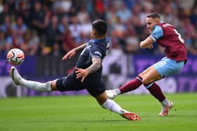 BURNLEY, ENGLAND - SEPTEMBER 02: Burnley player Josh Brownhill shoots at goal during the Premier League match between Burnley FC and Tottenham Hotspur at Turf Moor on September 02, 2023 in Burnley, England. (Photo by Stu Forster/Getty Images)